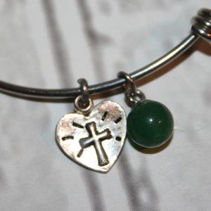 Beautiful silver cross Faith bangle bracelet with green stone charm